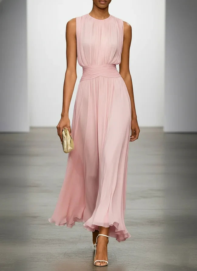 Robe longue mousseline sans manches col rond invitée mariage