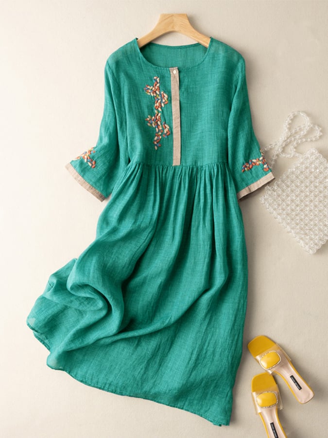 Robe midi femme coton lin brodée col rond manches 3/4 coupe ample