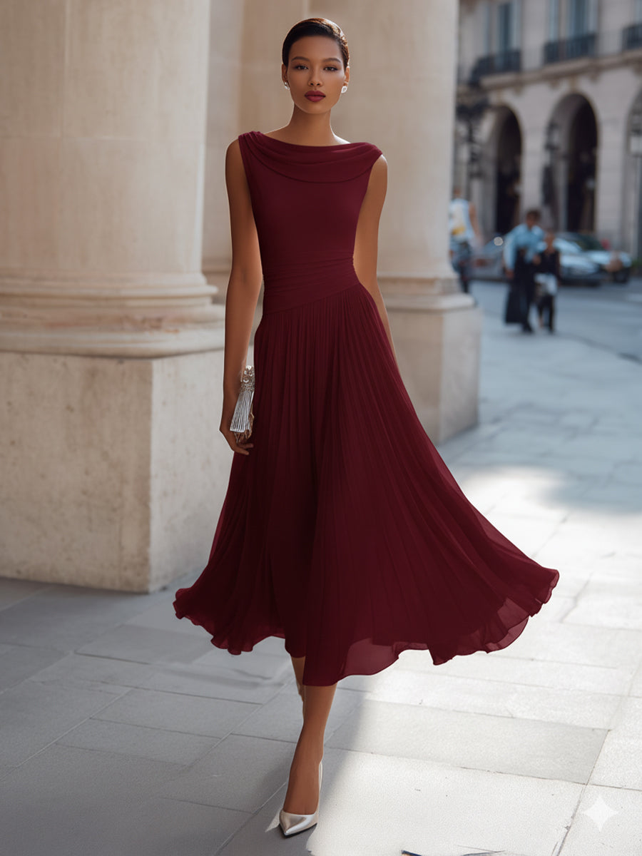 Robe midi invitée mariage plissée col drapé sans manches