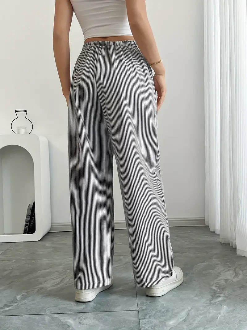 Pantalon large femme imprimé rayures taille élastique cordon poches fluide