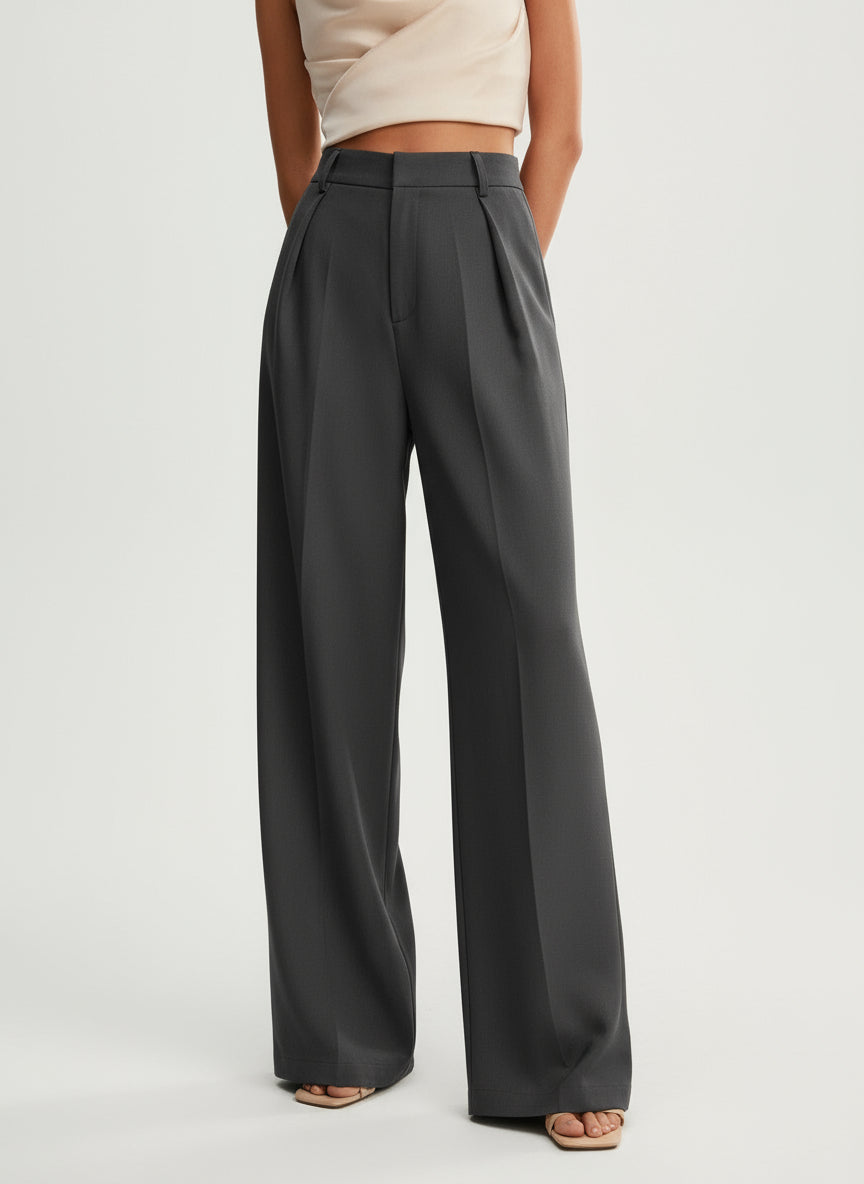 Pantalon large femme taille haute plis avant coupe fluide palazzo