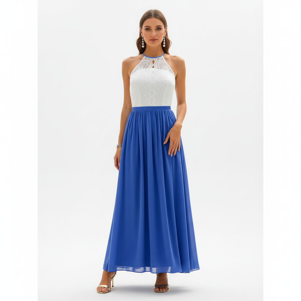 Robe longue dentelle col halter évasée invitée mariage