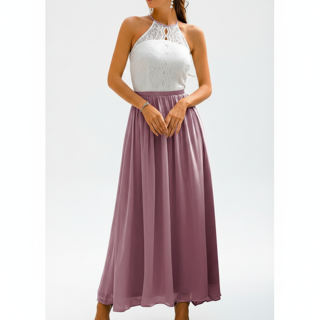 Robe longue dentelle col halter évasée invitée mariage