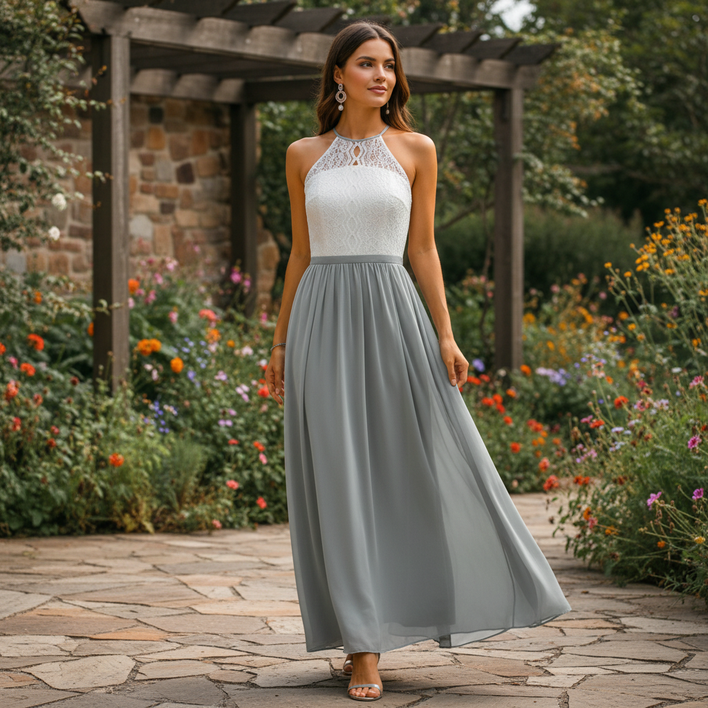 Robe longue dentelle col halter évasée invitée mariage