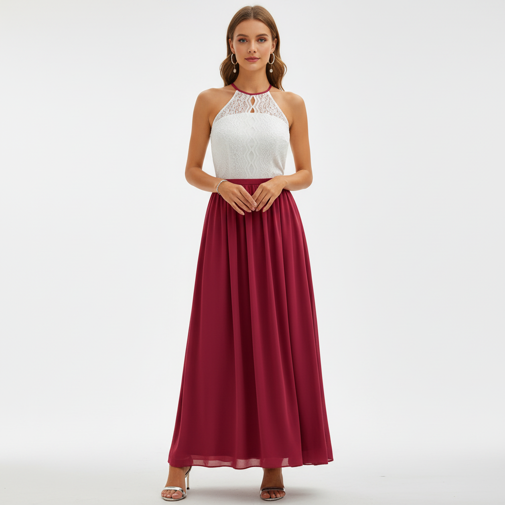Robe longue dentelle col halter évasée invitée mariage