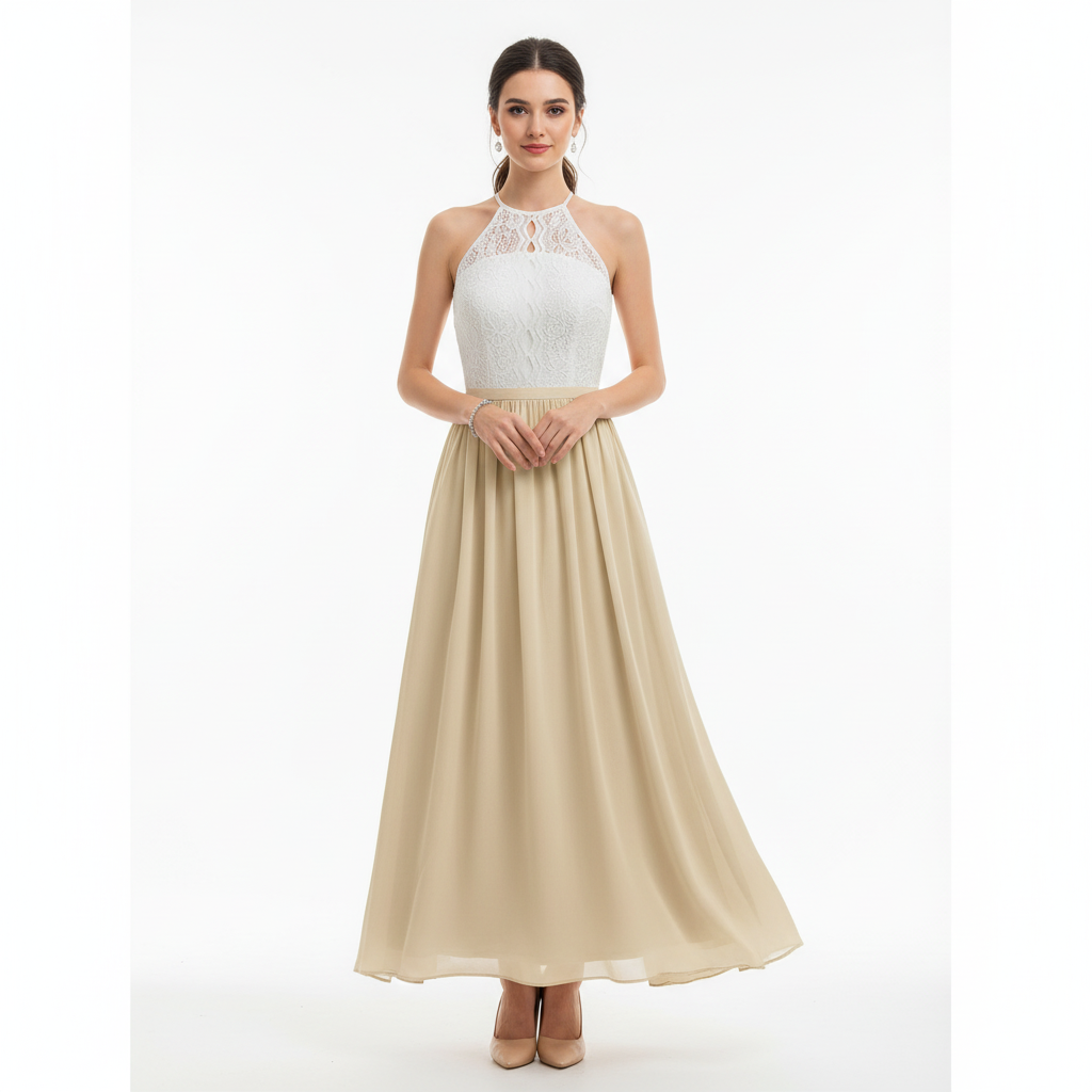 Robe longue dentelle col halter évasée invitée mariage