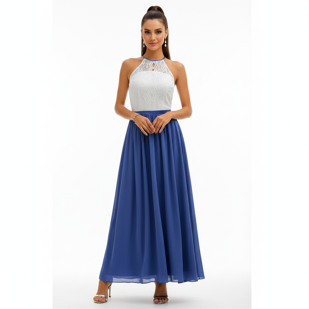 Robe longue dentelle col halter évasée invitée mariage