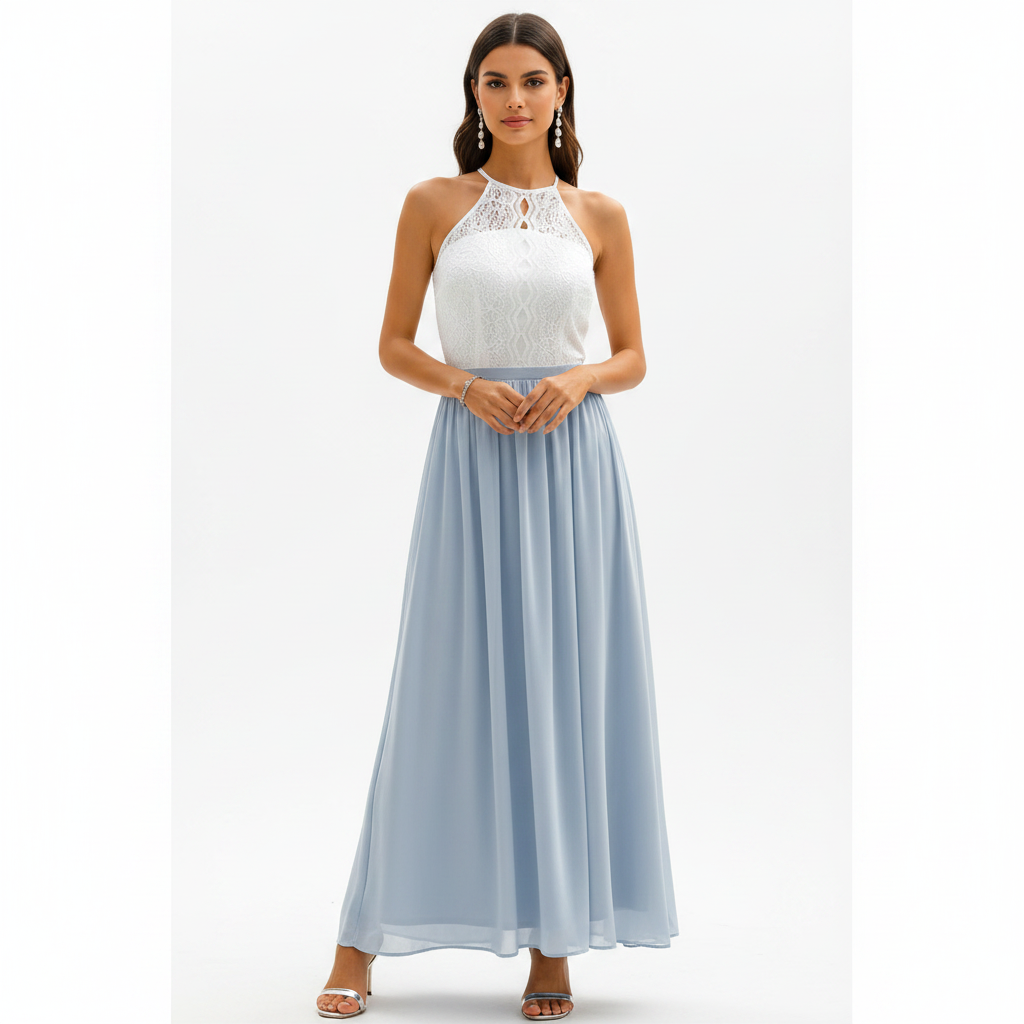 Robe longue dentelle col halter évasée invitée mariage