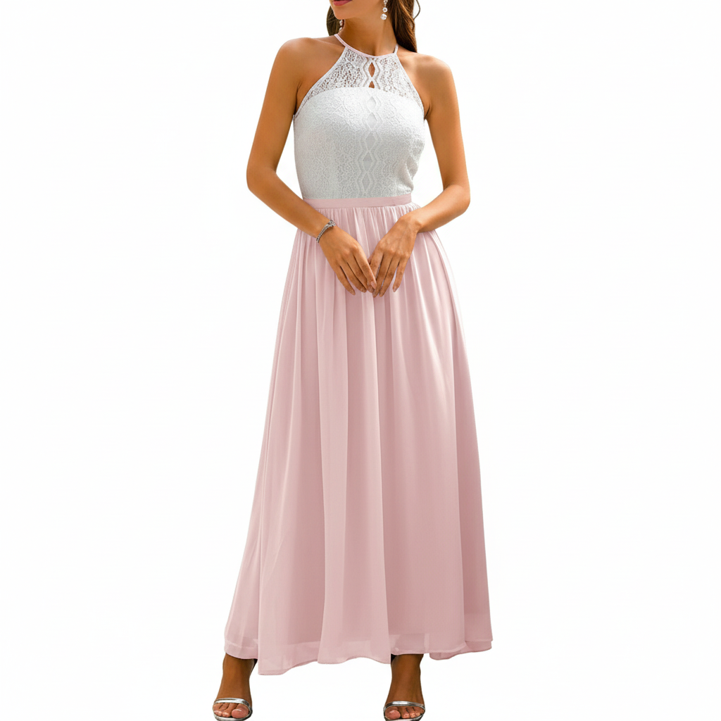 Robe longue dentelle col halter évasée invitée mariage