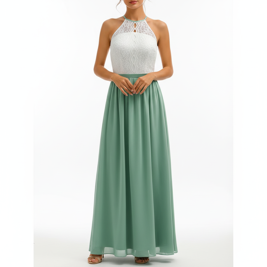Robe longue dentelle col halter évasée invitée mariage