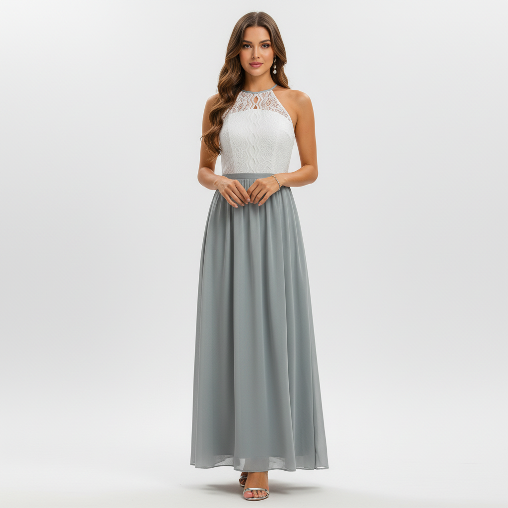 Robe longue dentelle col halter évasée invitée mariage