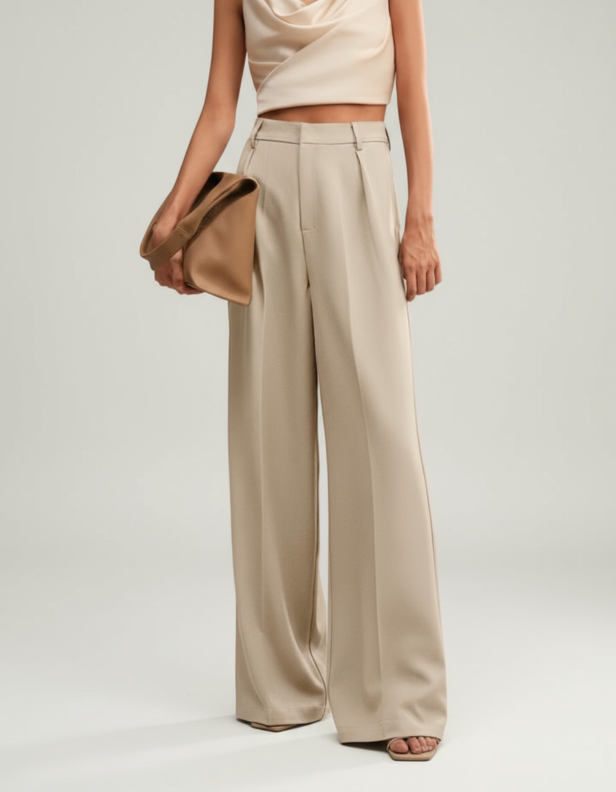 Pantalon large femme taille haute plis avant coupe fluide palazzo
