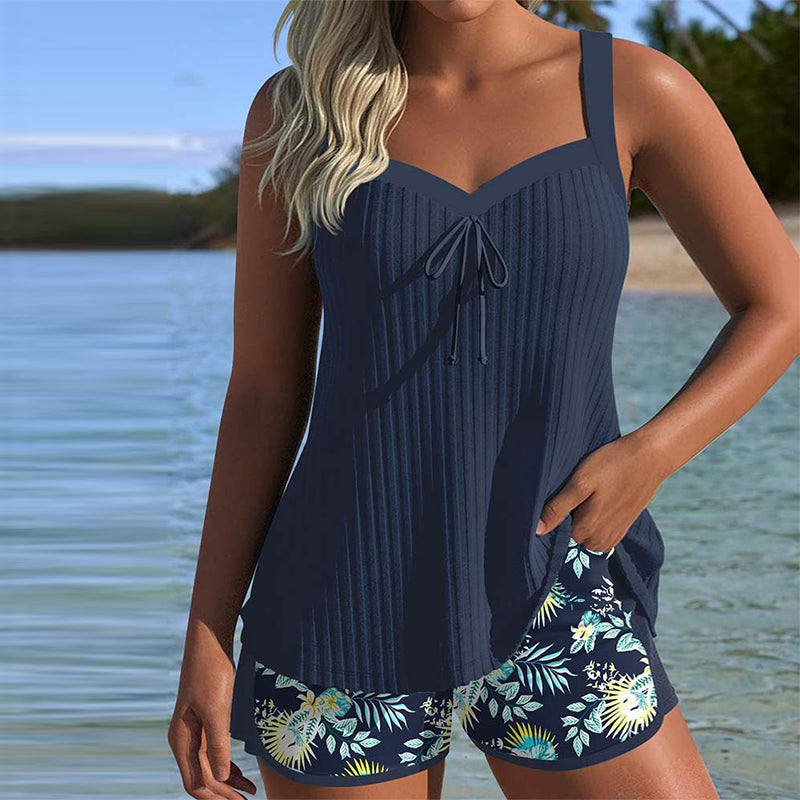 Tankini femme deux pièces débardeur ventre plat shorty imprimé floral grande taille