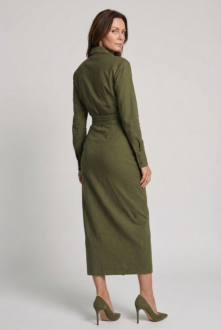 Robe midi femme col chemise manches longues taille drapée froncée