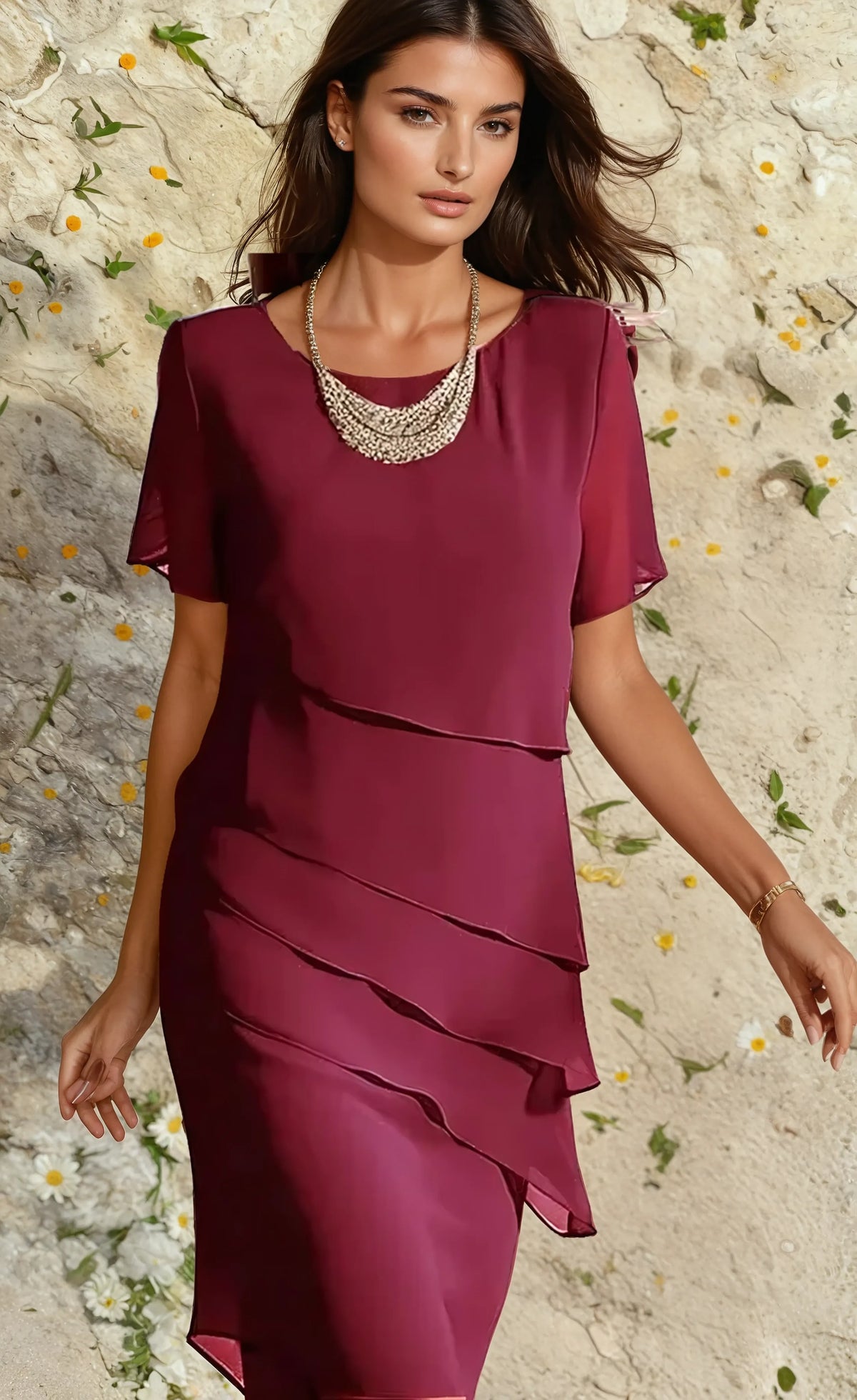 Robe cocktail midi femme à volants asymétriques et manches courtes fluides