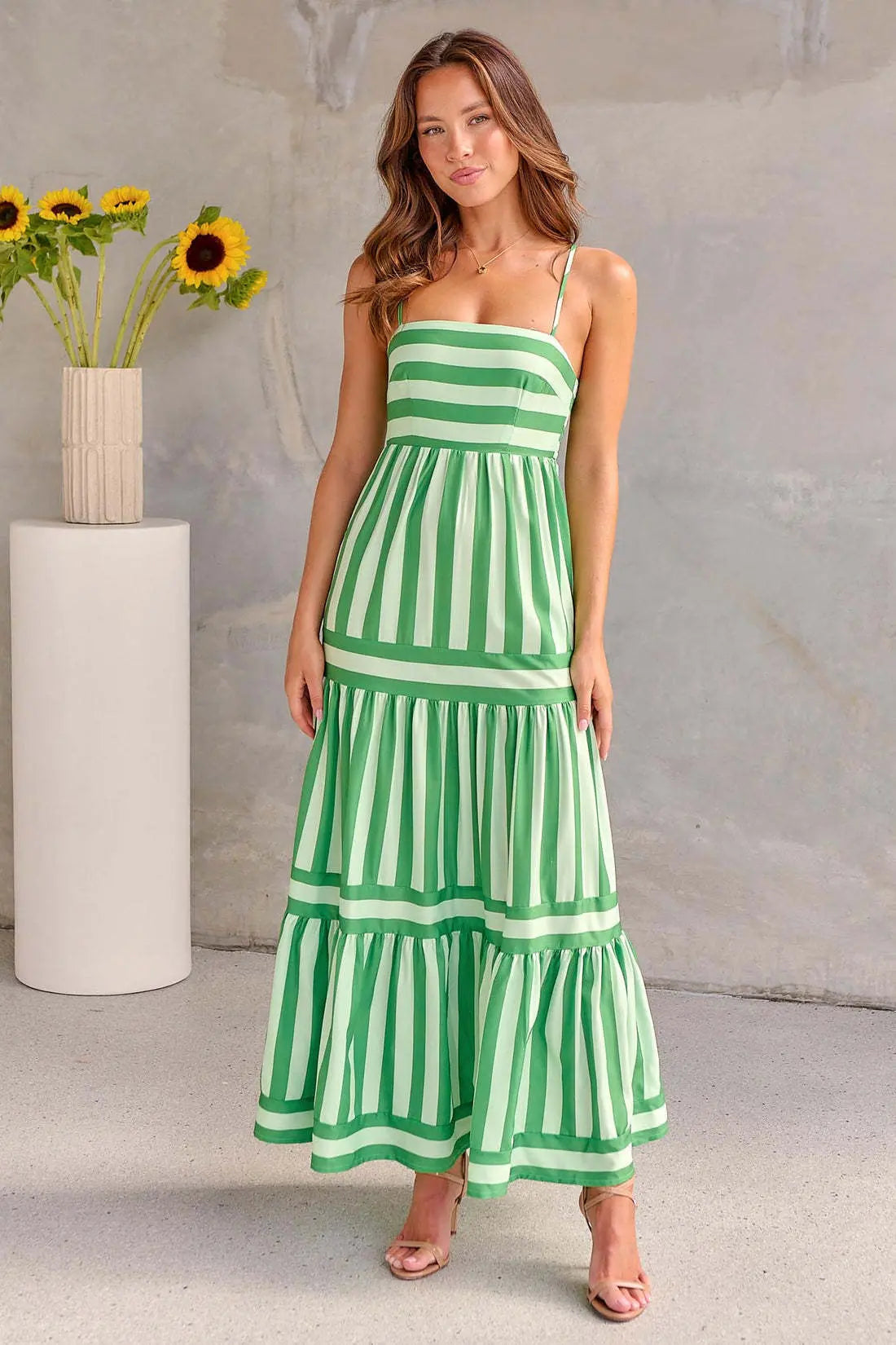 Robe longue femme rayée à bretelles coupe fluide sans manches