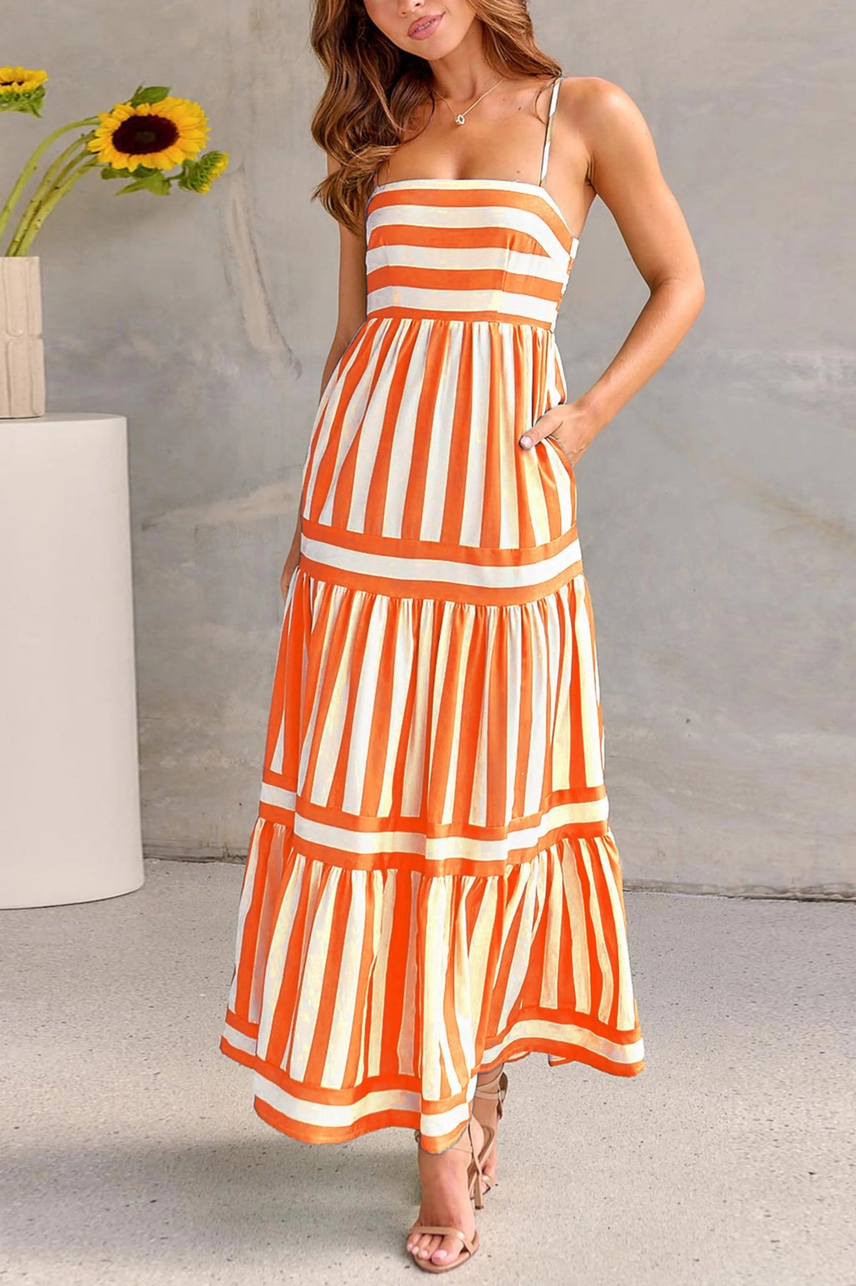 Robe longue femme rayée à bretelles coupe fluide sans manches