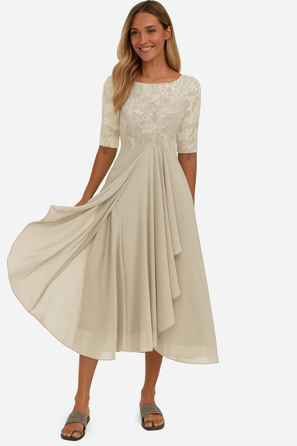Robe femme de cérémonie midi en dentelle et mousseline manches courtes
