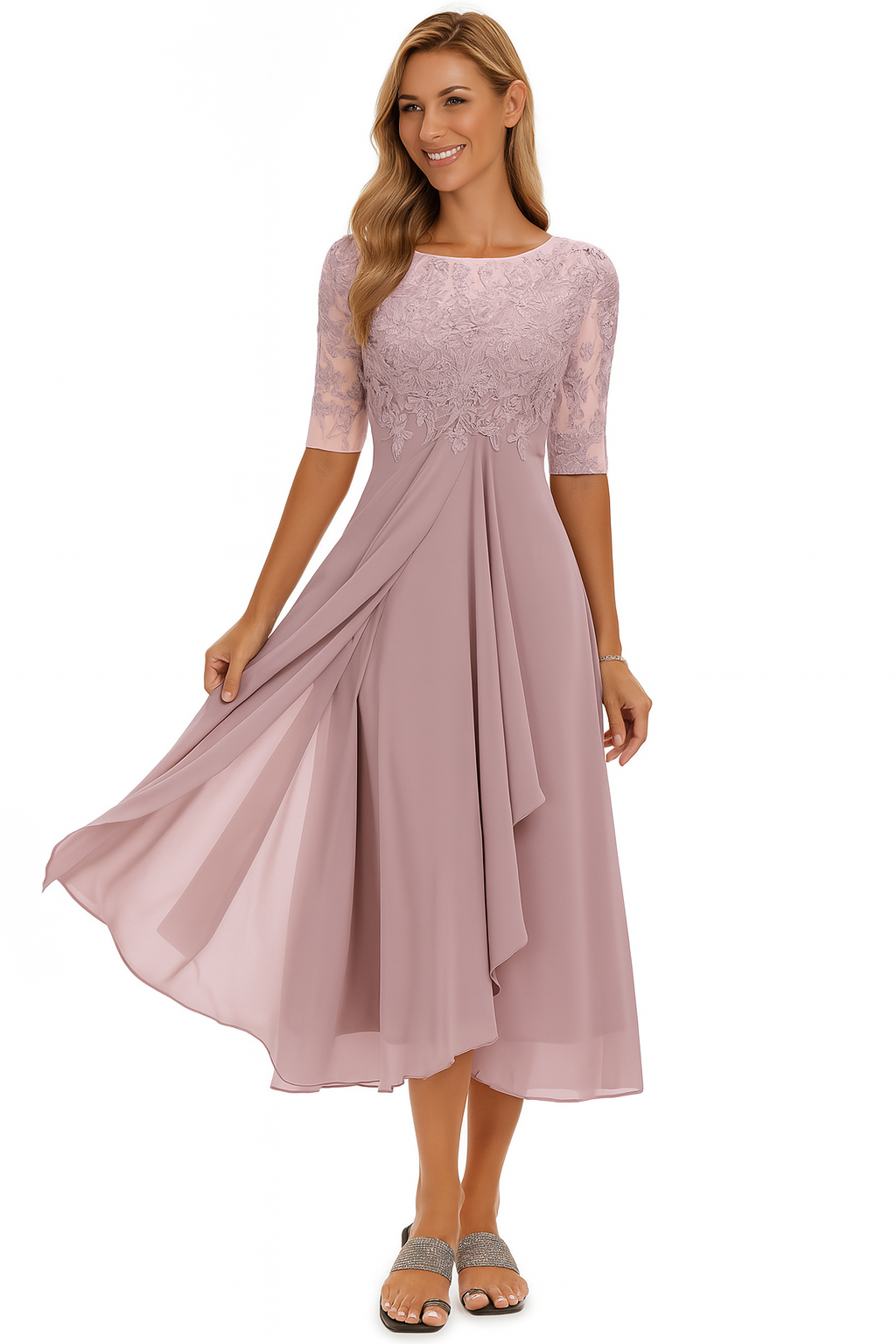 Robe femme de cérémonie midi en dentelle et mousseline manches courtes