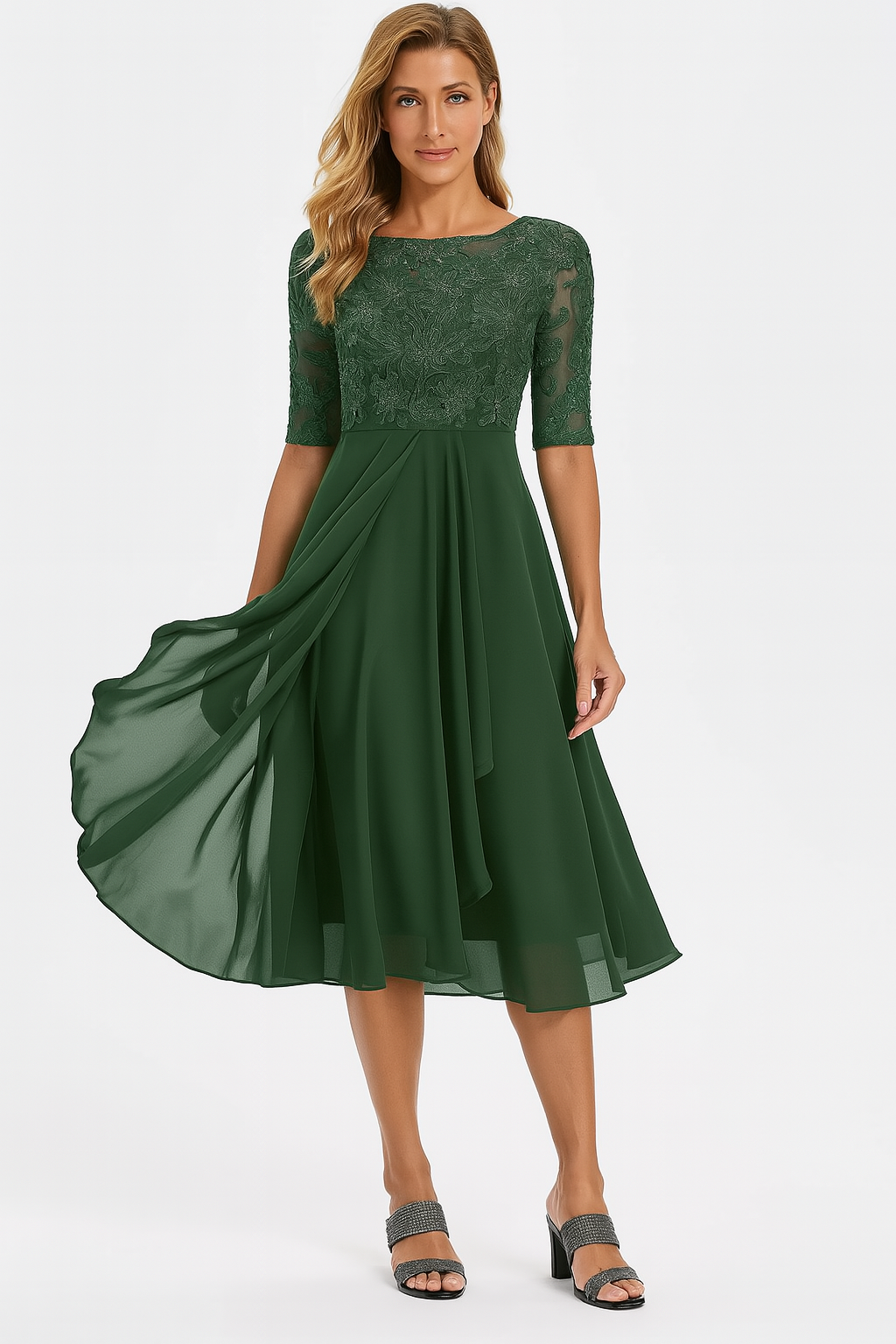 Robe femme de cérémonie midi en dentelle et mousseline manches courtes