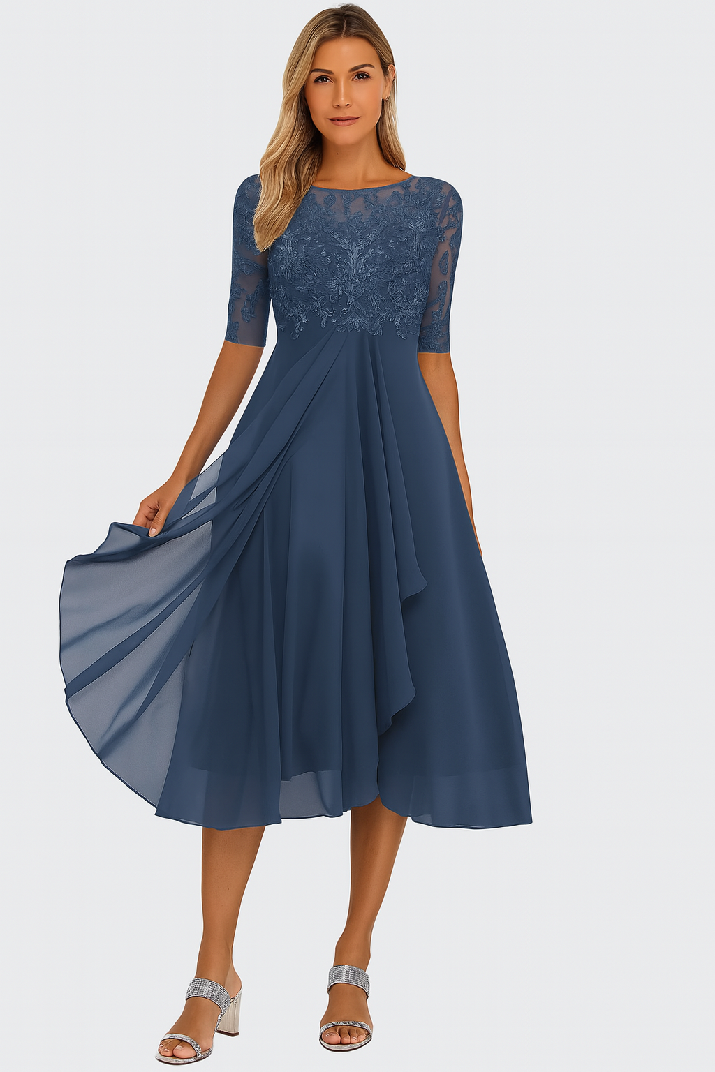Robe femme de cérémonie midi en dentelle et mousseline manches courtes