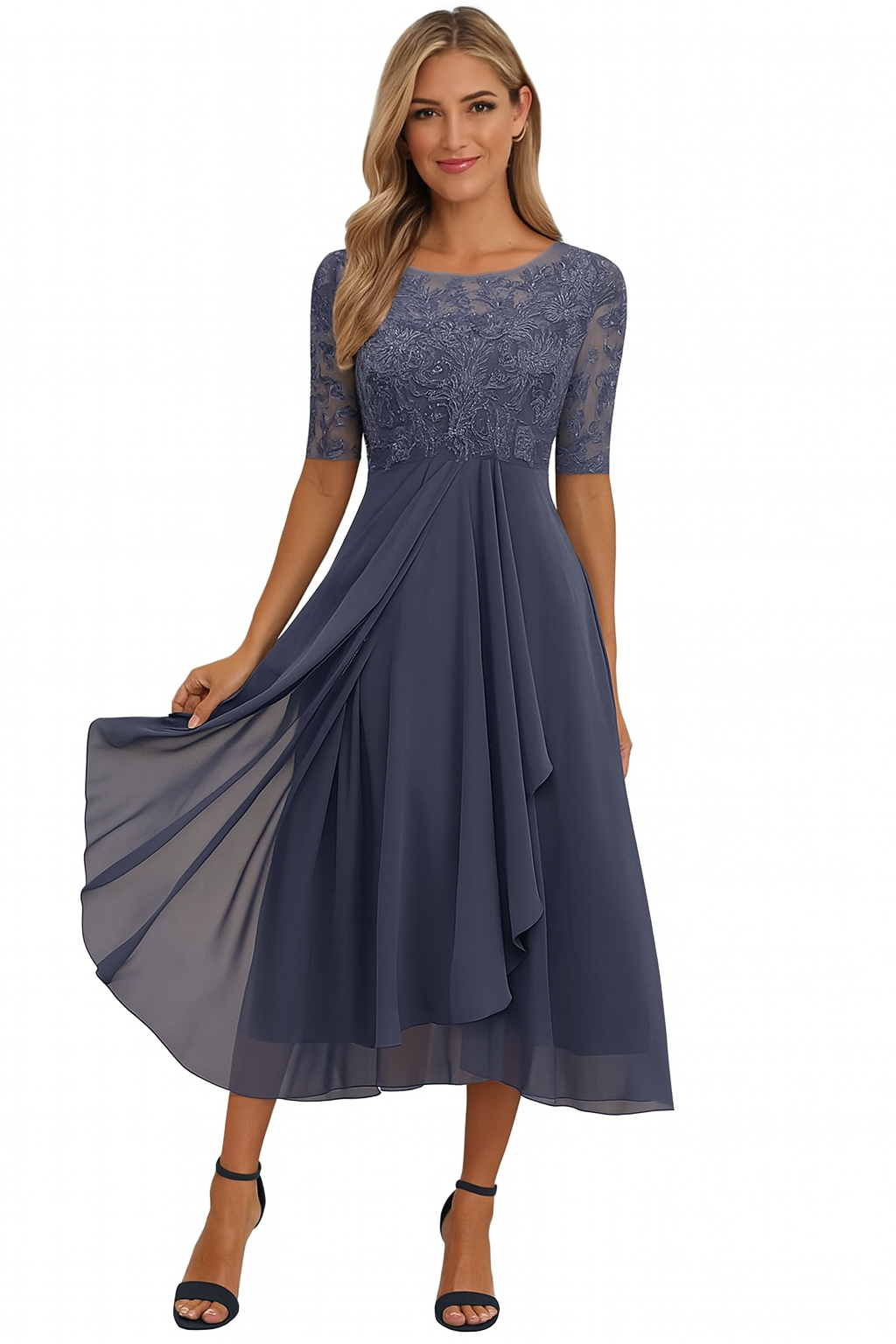 Robe femme de cérémonie midi en dentelle et mousseline manches courtes