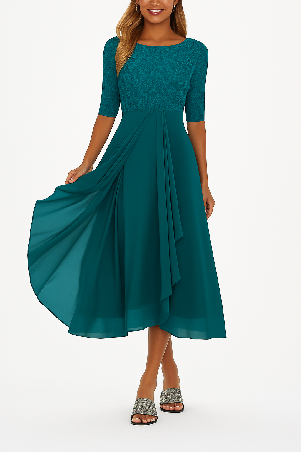Robe femme de cérémonie midi en dentelle et mousseline manches courtes