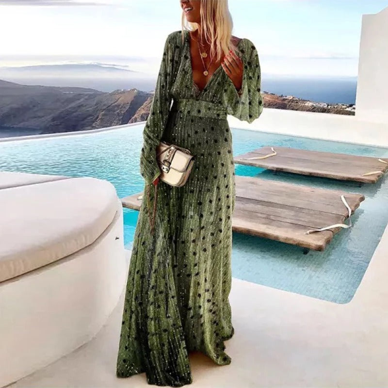 Robe longue femme à pois avec col V plongeant et manches longues fluides