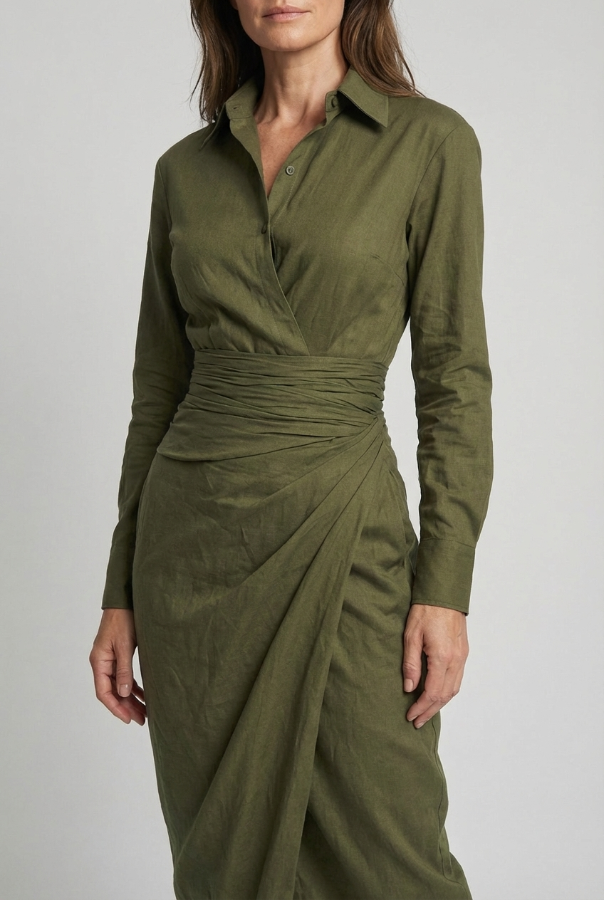 Robe midi femme col chemise manches longues taille drapée froncée