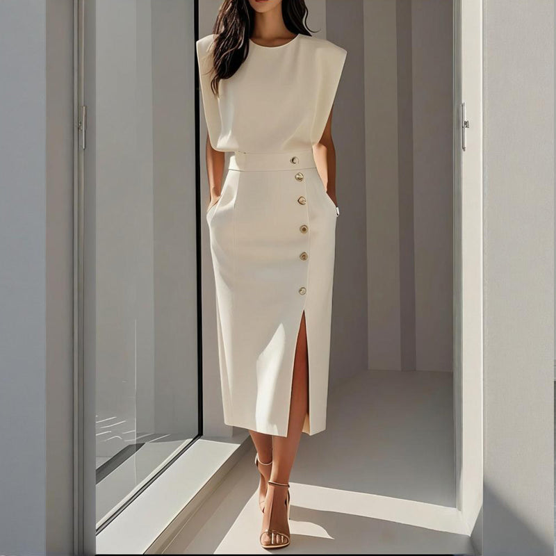 Robe midi élégante femme coupe tailleur à fente et boutons style cérémonie
