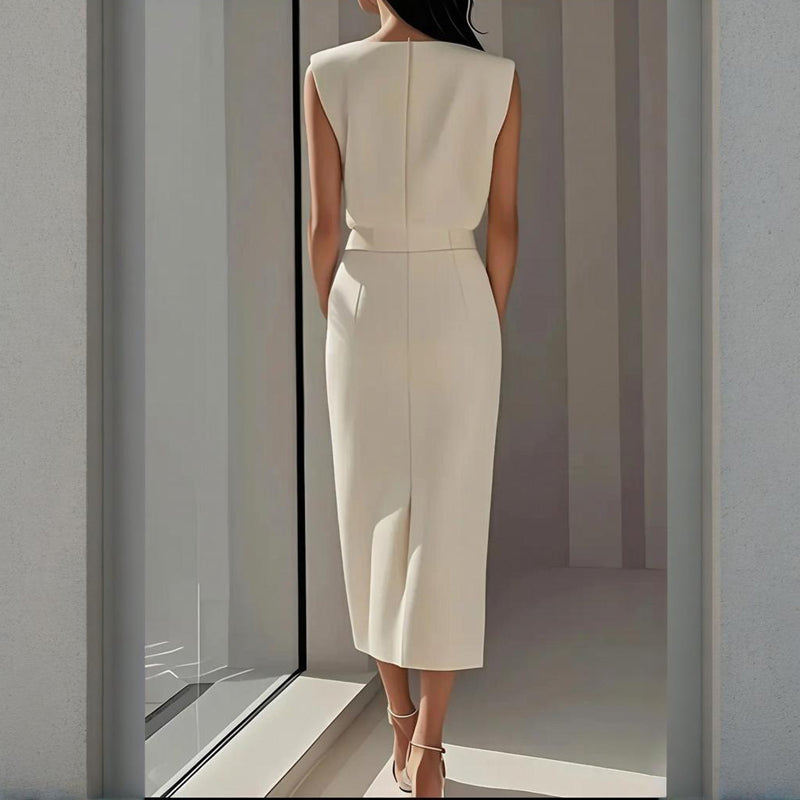 Robe midi élégante femme coupe tailleur à fente et boutons style cérémonie