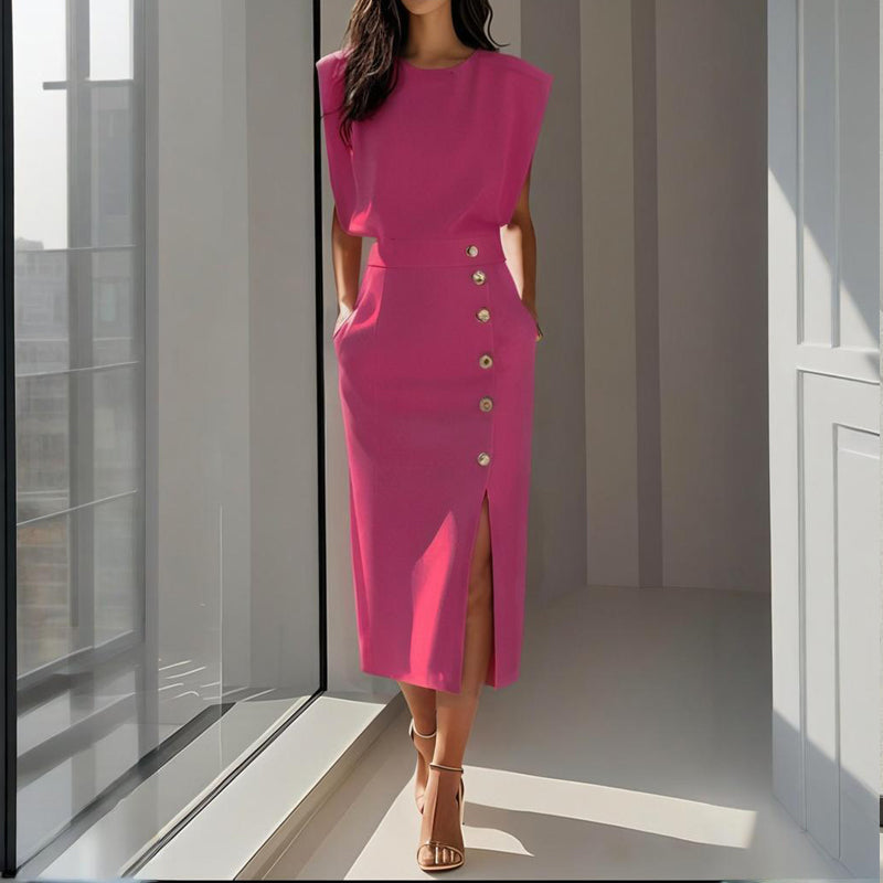 Robe midi élégante femme coupe tailleur à fente et boutons style cérémonie