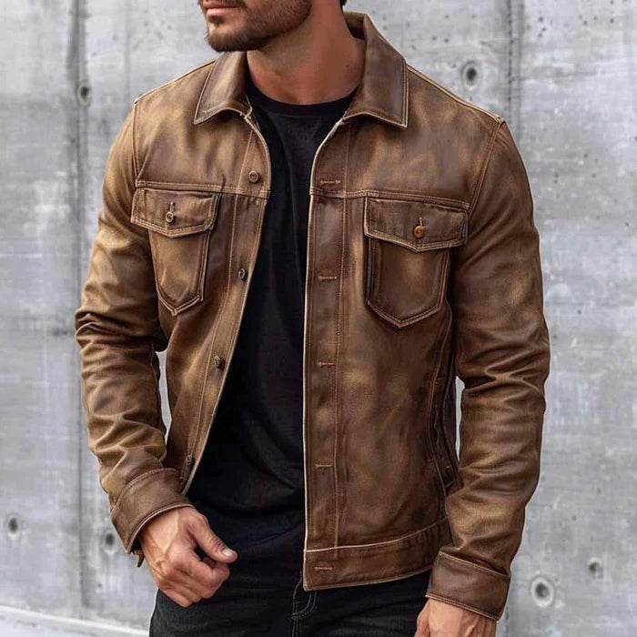 Veste cuir homme style camionneur vintage col chemise boutons