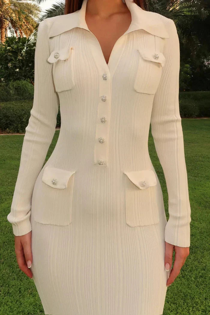 Robe pull midi femme maille côtelée col V boutons manches longues jupe plissée