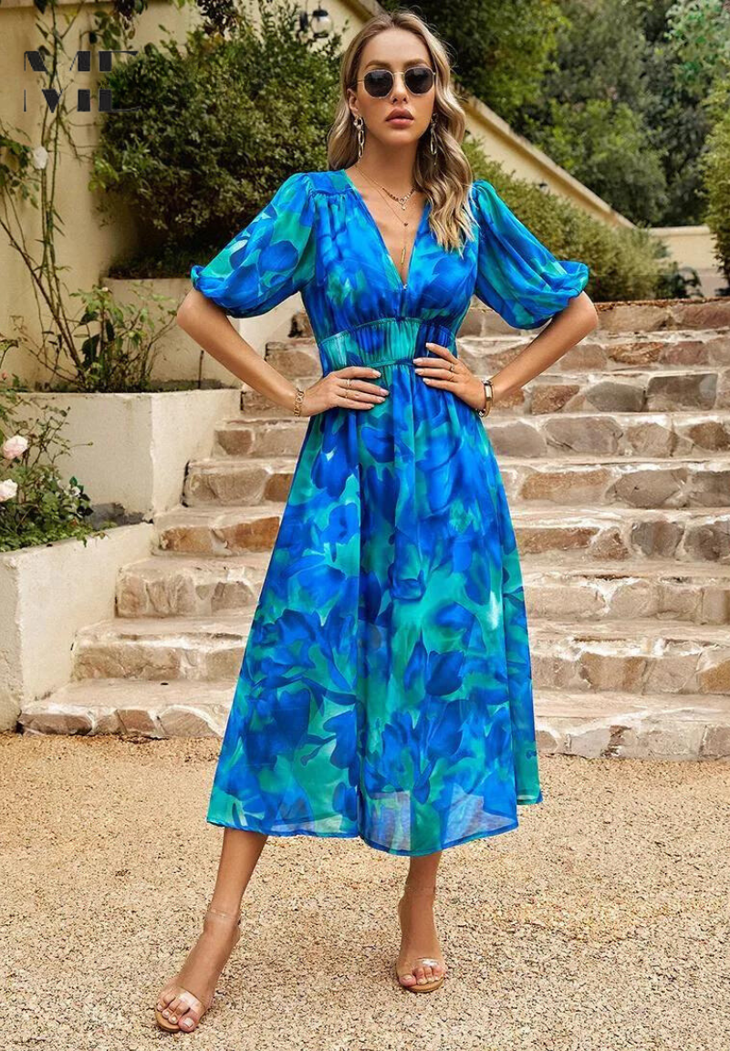 Robe midi fleurie femme à manches bouffantes et col V fluide