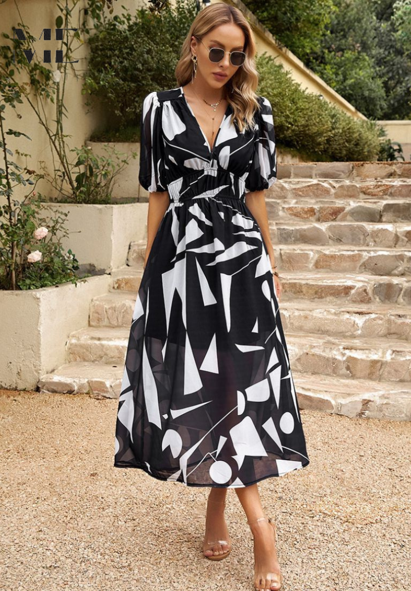 Robe midi fleurie femme à manches bouffantes et col V fluide