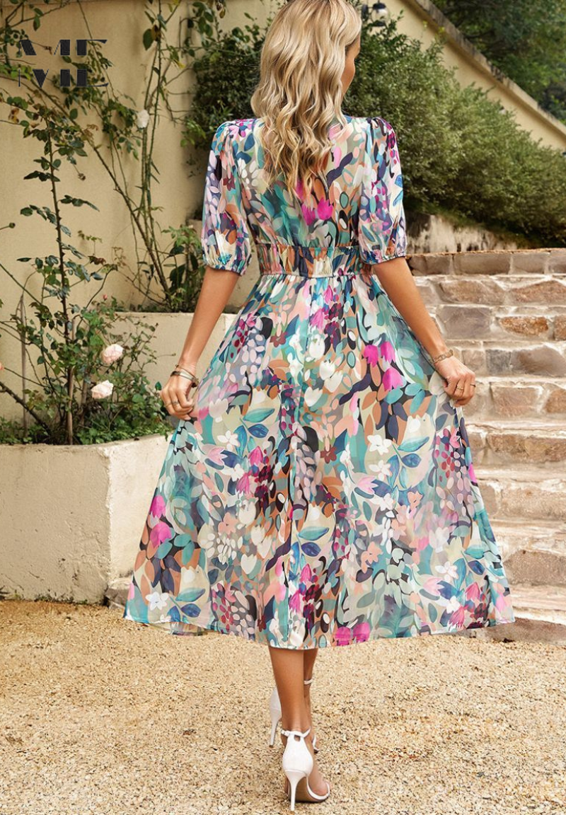 Robe midi fleurie femme à manches bouffantes et col V fluide