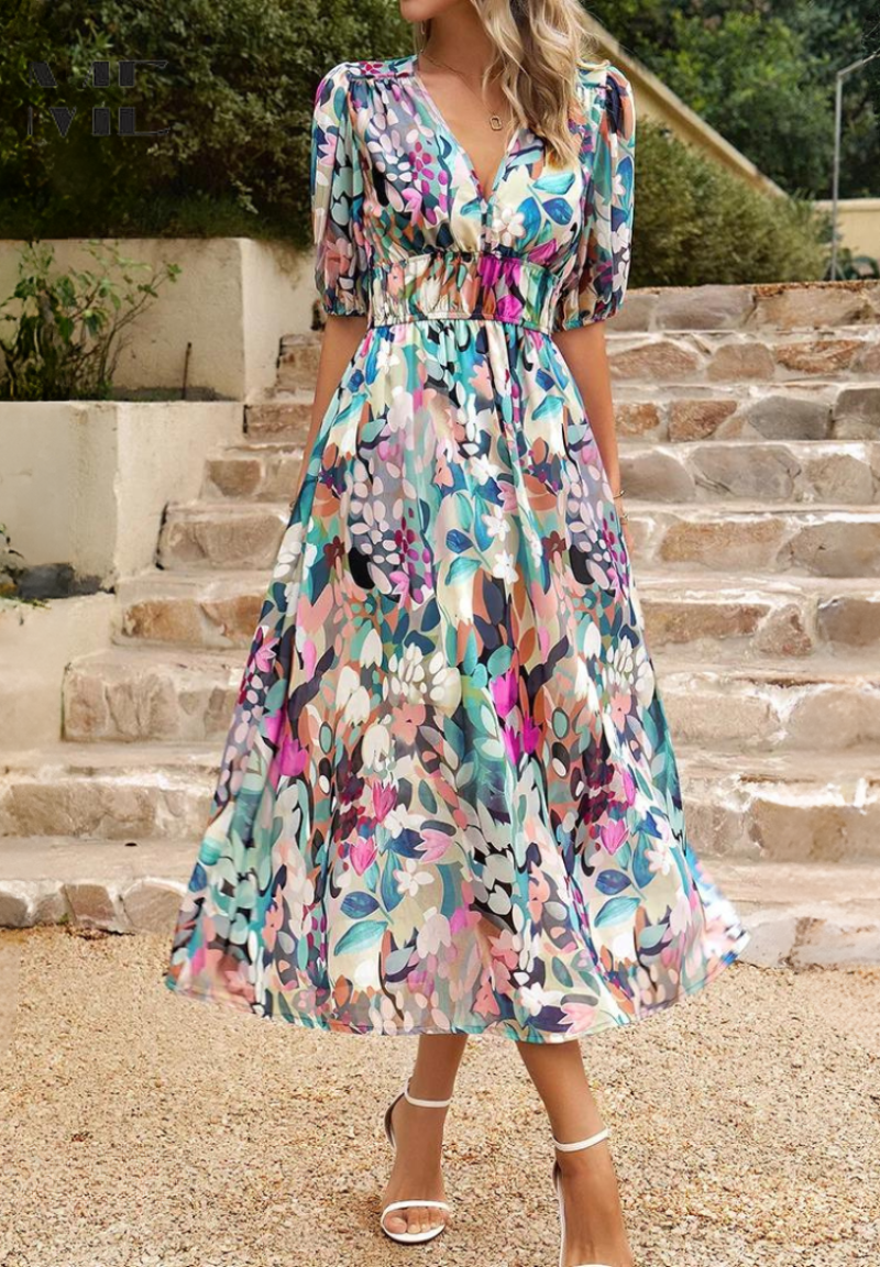 Robe midi fleurie femme à manches bouffantes et col V fluide