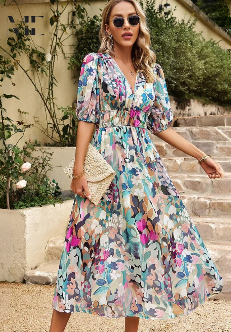 Robe midi fleurie femme à manches bouffantes et col V fluide