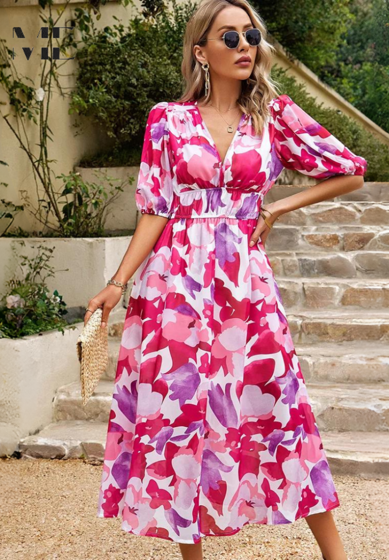 Robe midi fleurie femme à manches bouffantes et col V fluide