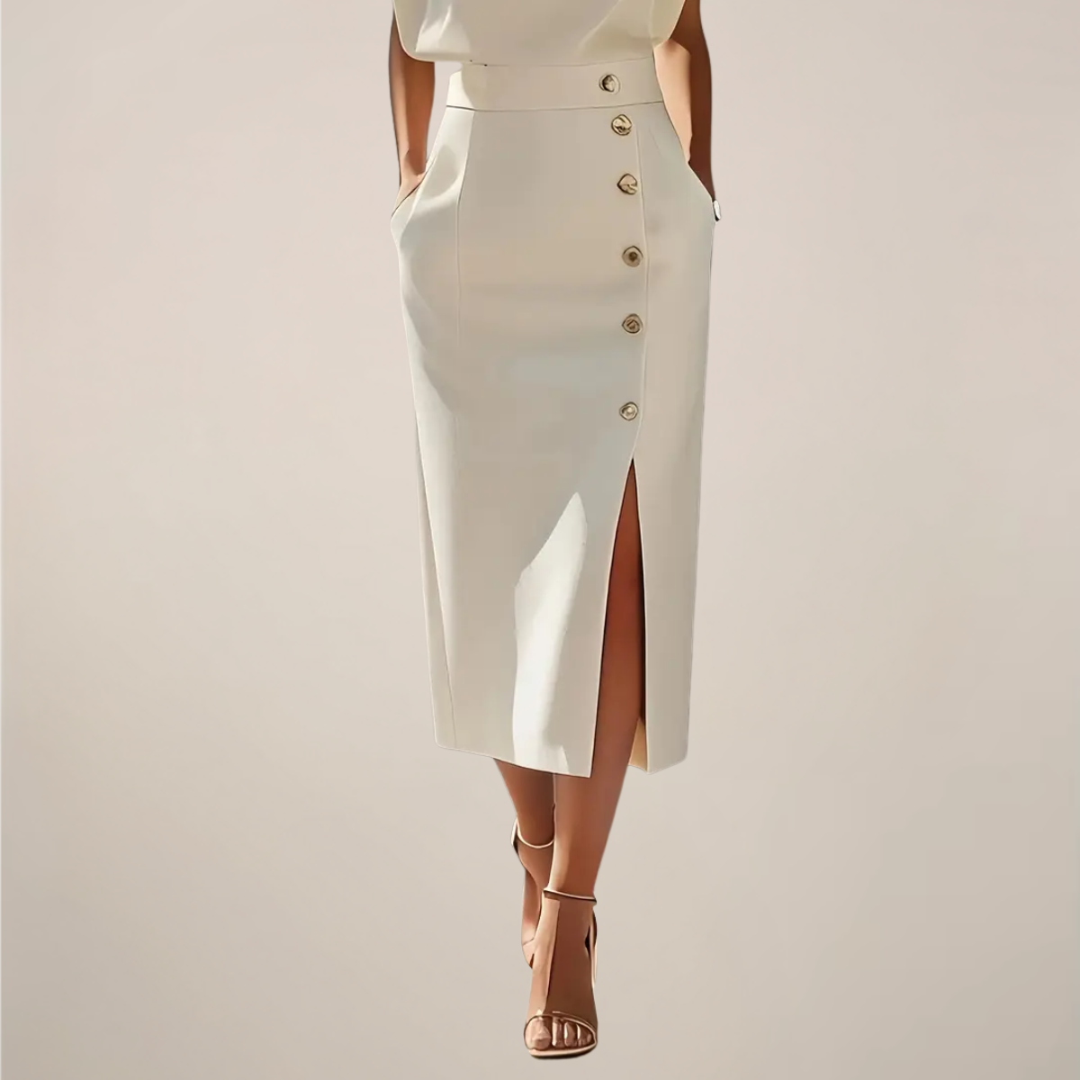 Robe midi femme cintrée à boutons décoratifs et fente élégante