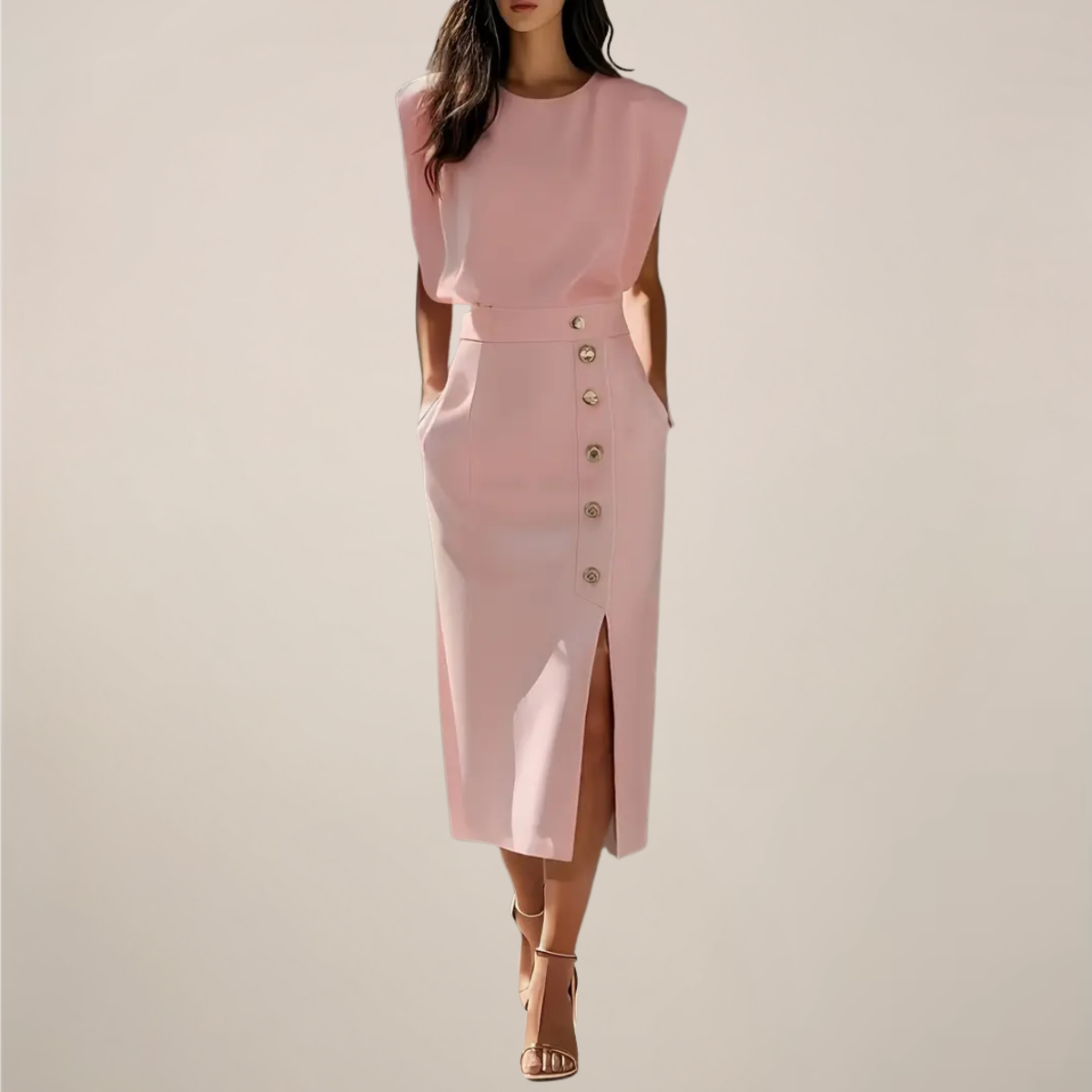 Robe midi femme cintrée à boutons décoratifs et fente élégante