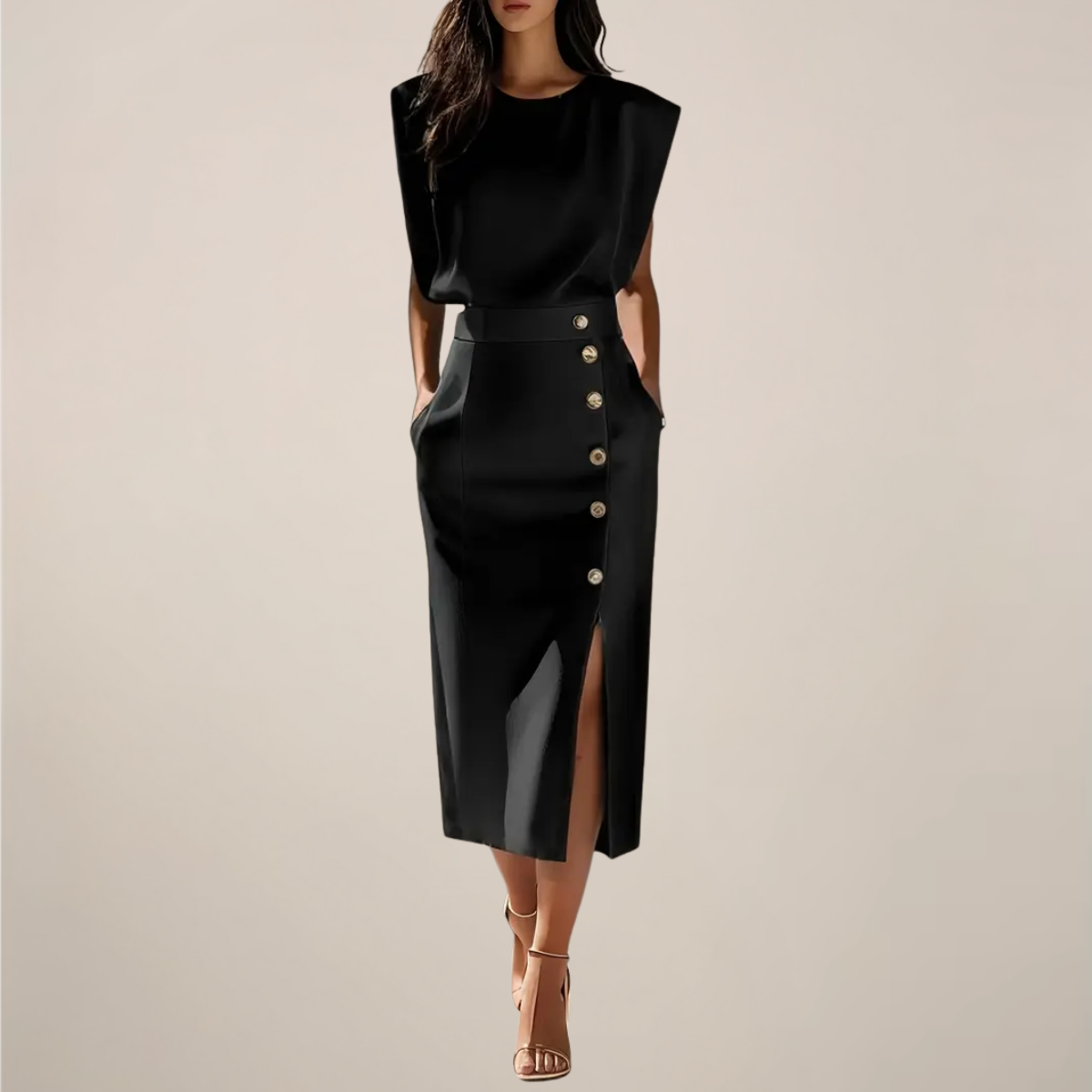 Robe midi femme cintrée à boutons décoratifs et fente élégante