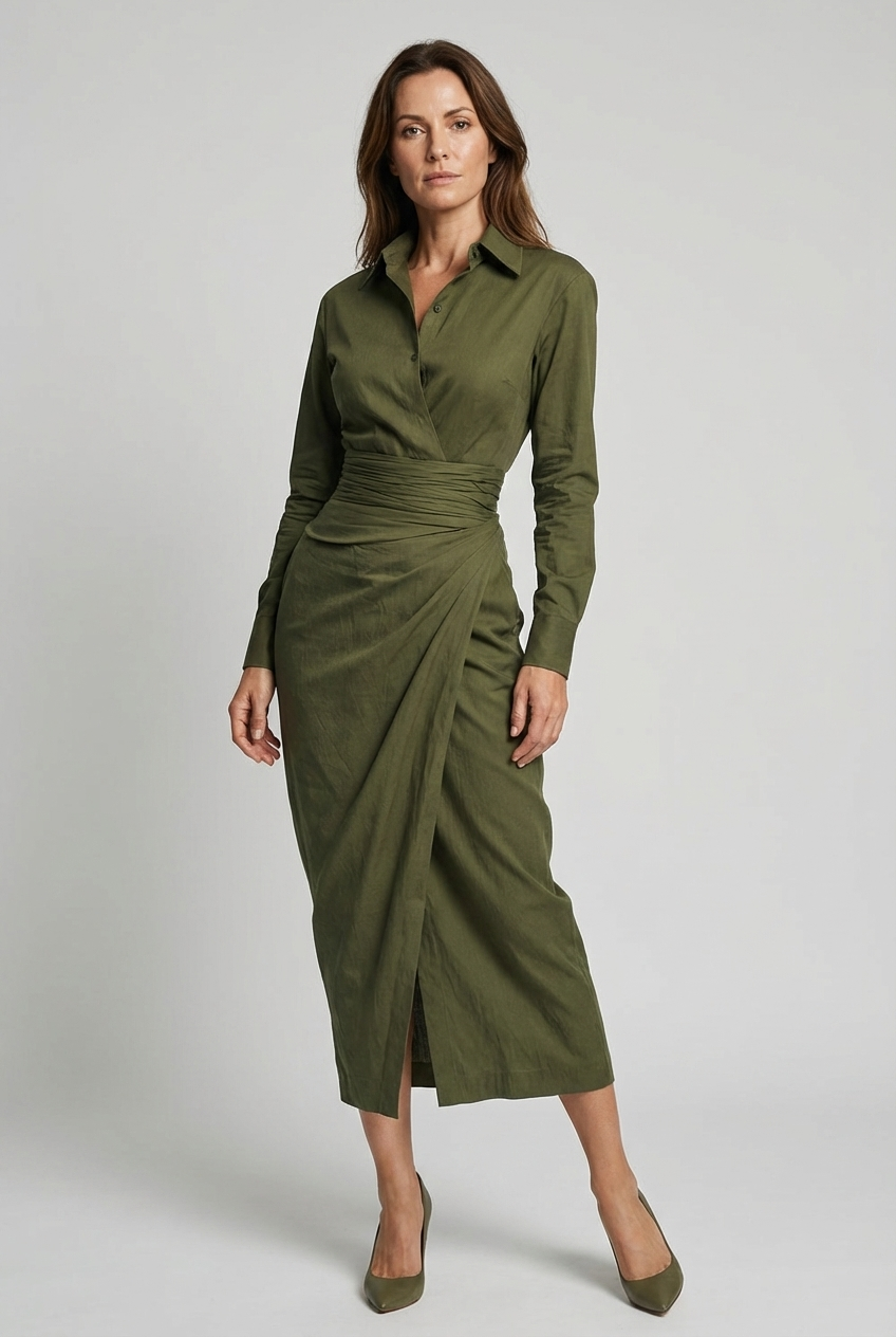 Robe midi femme col chemise manches longues taille drapée froncée