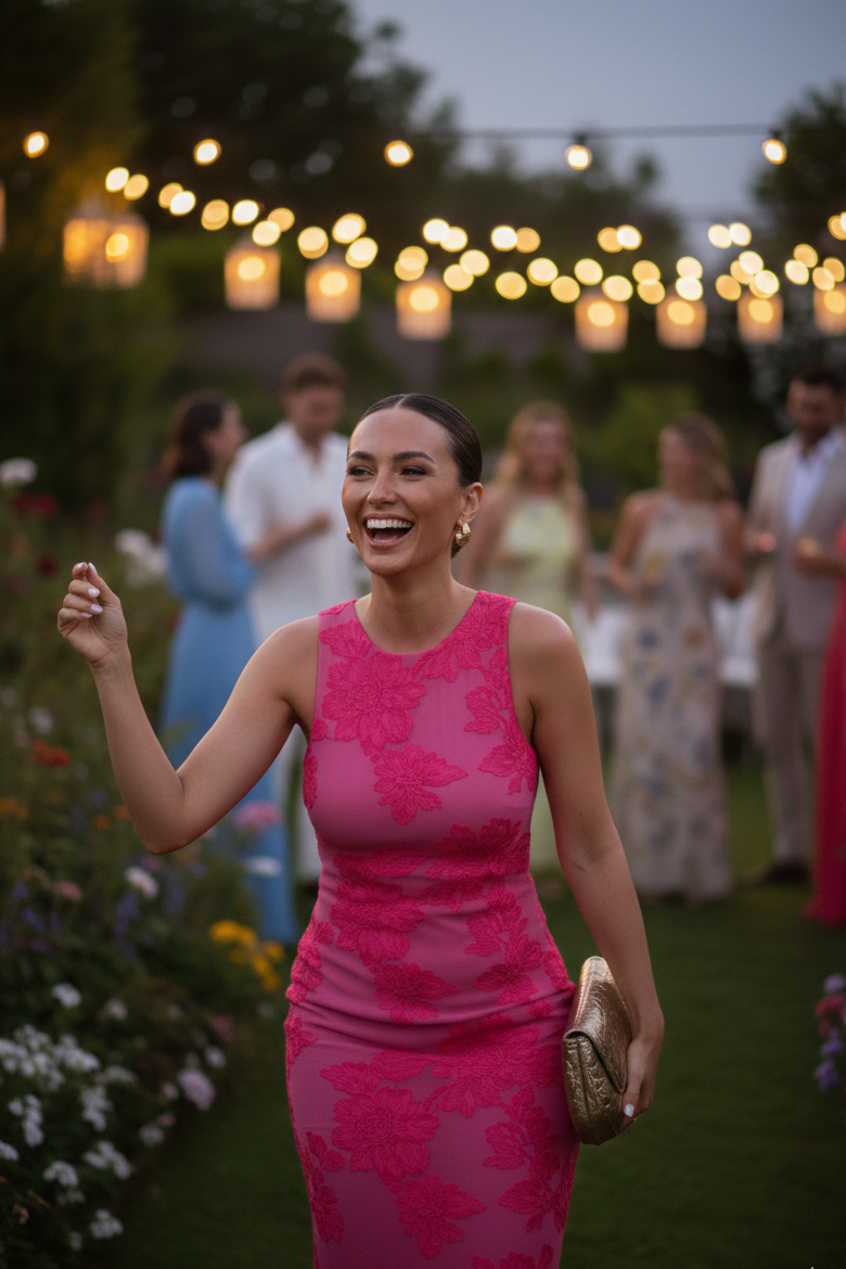 Robe de soirée longue brodée sans manches coupe ajustée col montant