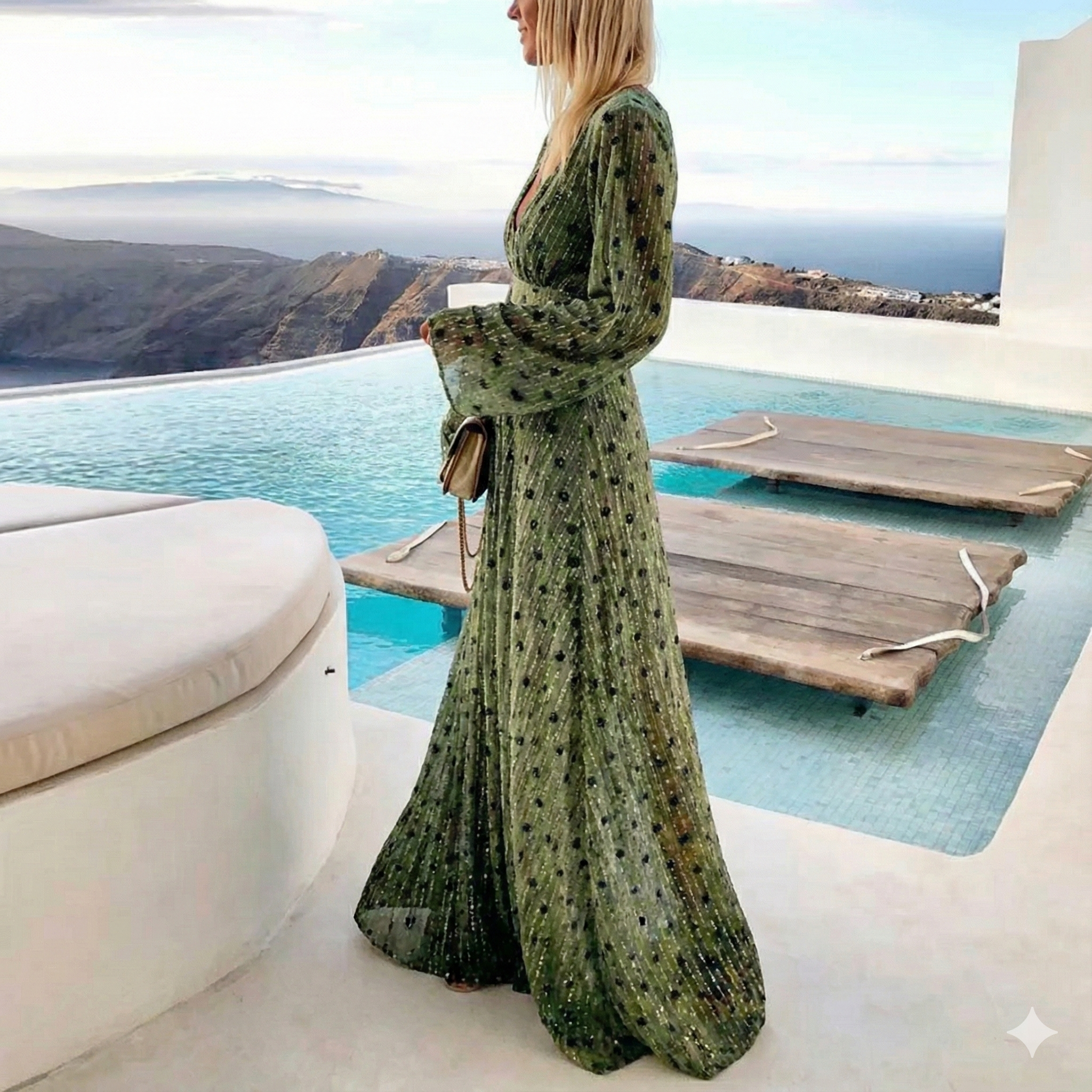 Robe longue femme à pois avec col V plongeant et manches longues fluides