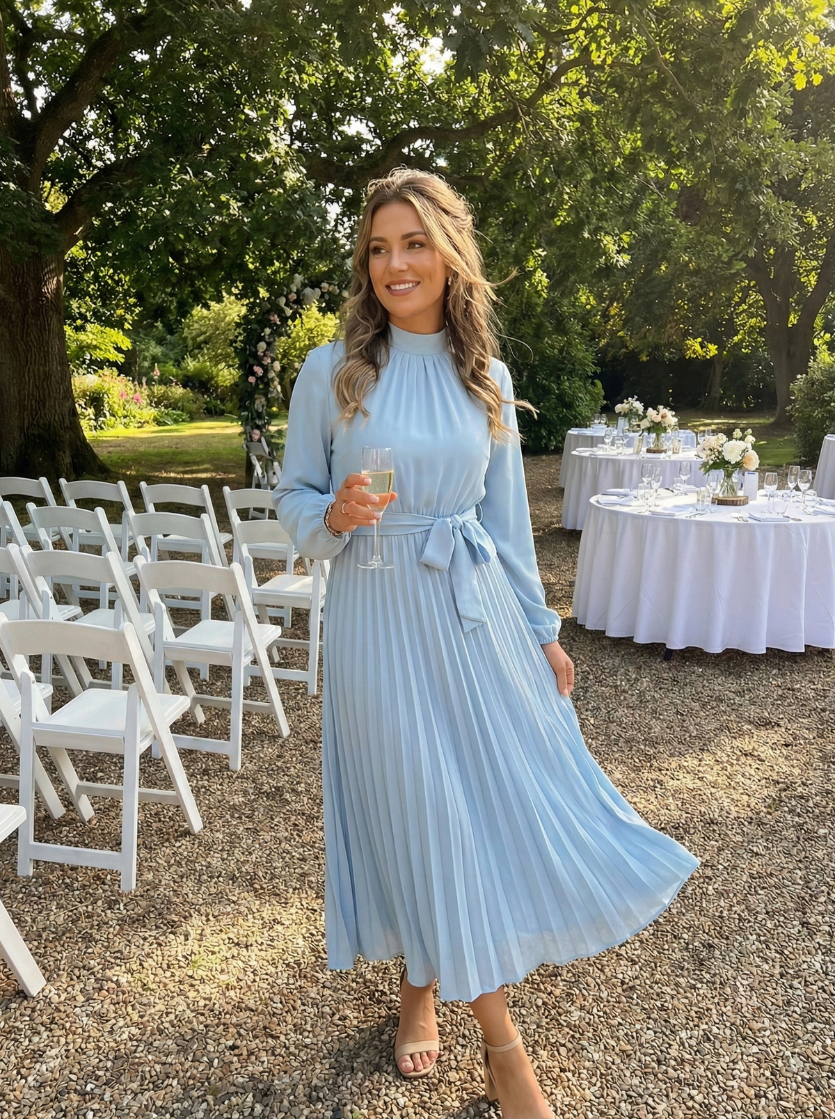 Robe midi plissée femme manches longues col montant taille ceinturée coupe évasée