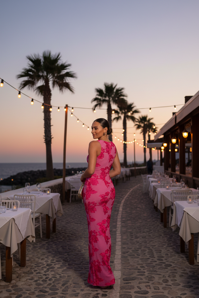 Robe de soirée longue brodée sans manches coupe ajustée col montant