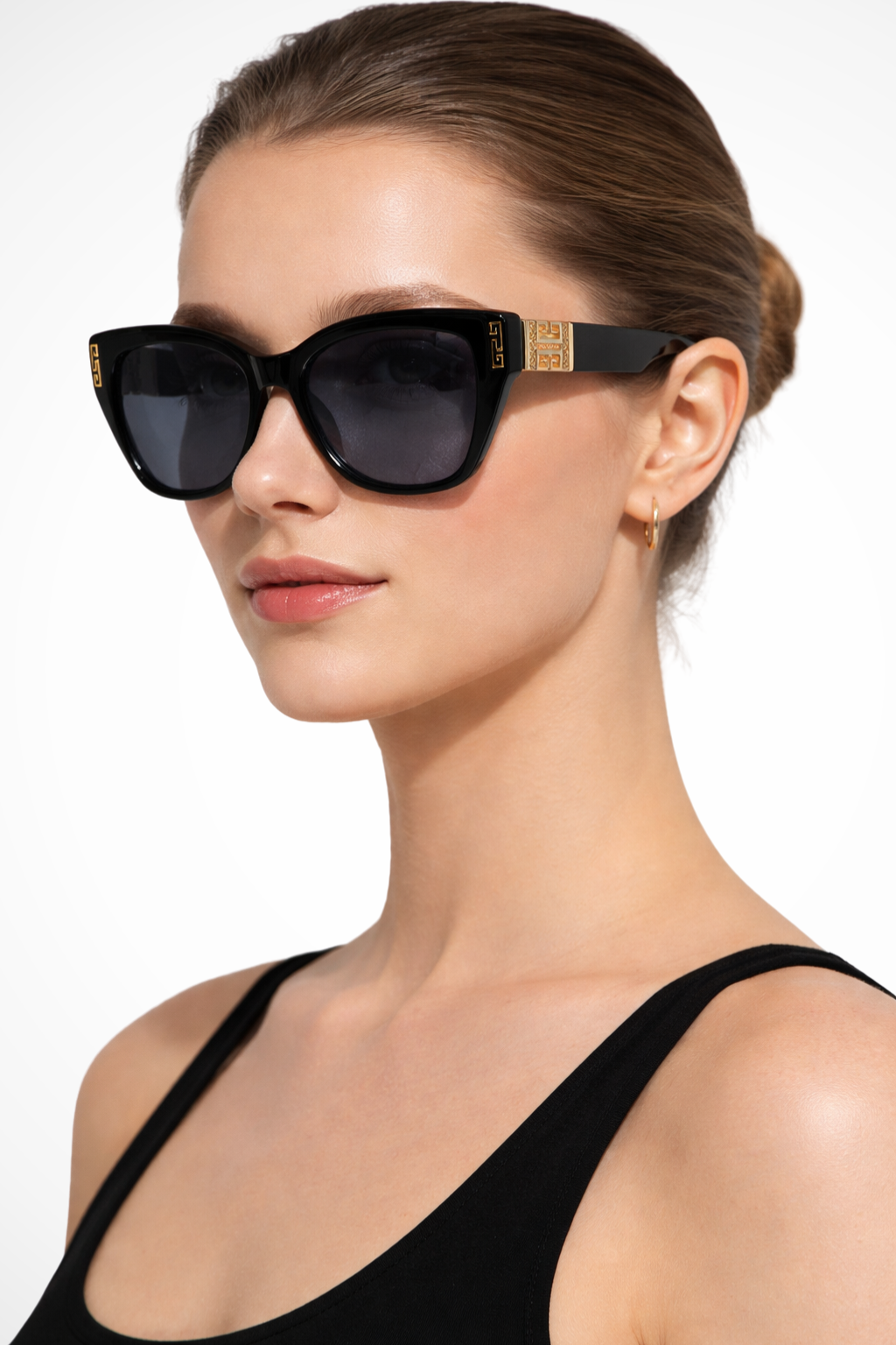 Lunettes de soleil femme œil de chat monture écaille verres dégradés détails dorés UV400