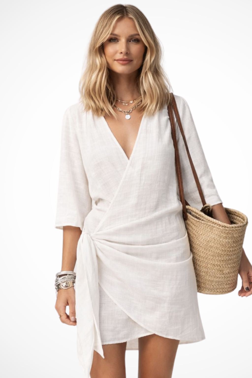 Robe portefeuille femme courte col V manches 3/4 ceinture nouée été plage